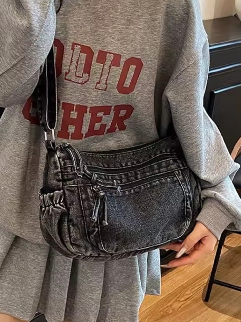 Washed Denim Black Crossbody Bag